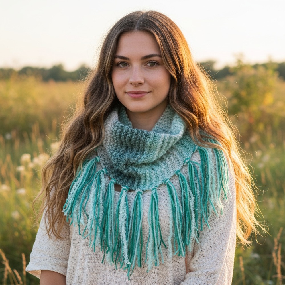 NEW Hand Knitted Cowl Scarf Green Ombre Boho Fringe Cottage Whimsy Artsy Fairy